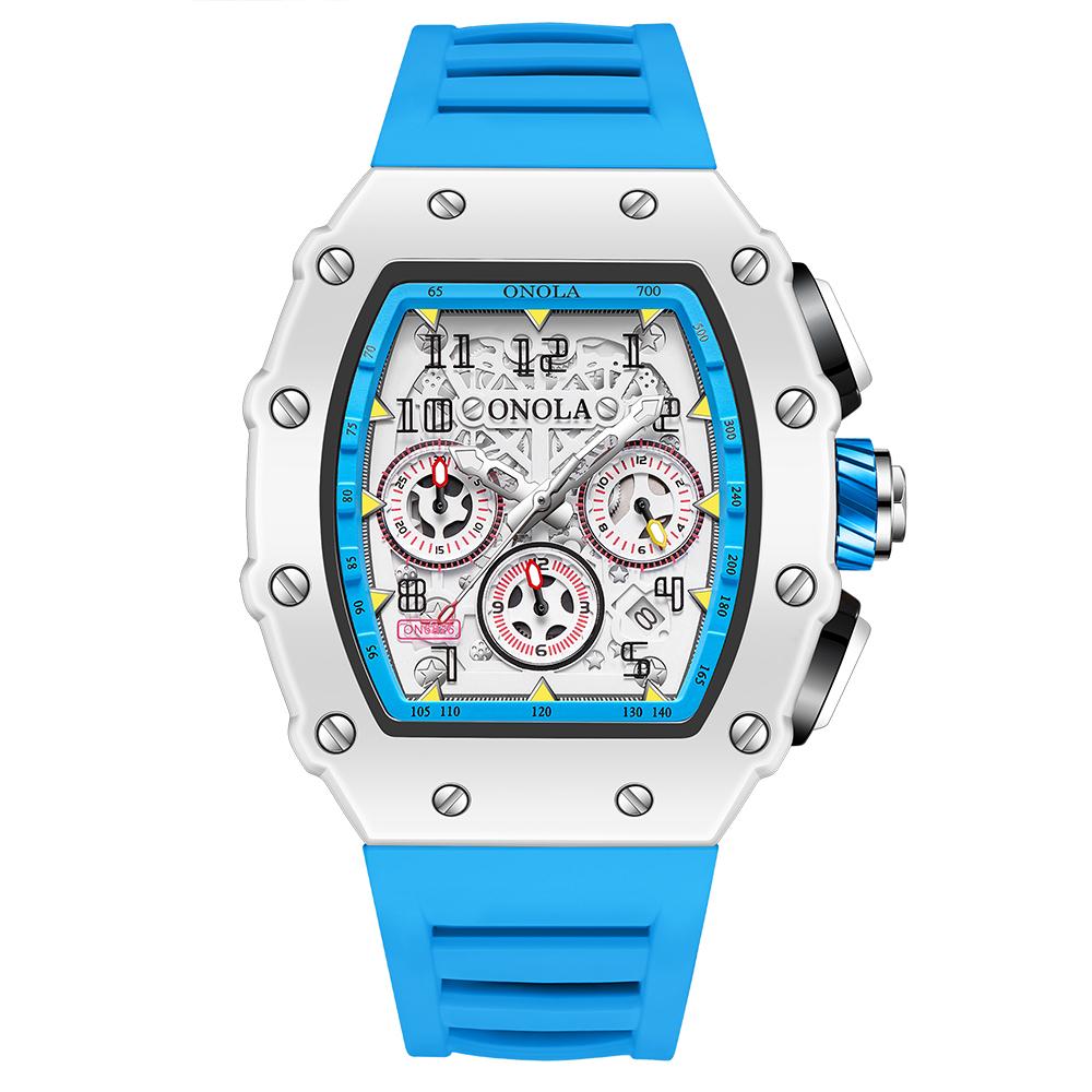 ONOLA Watches for Men Fashion Casual Tonneau Multifunctional Soft Silicone Strap Waterproof White Quartz Mens Watch Reloj Hombre