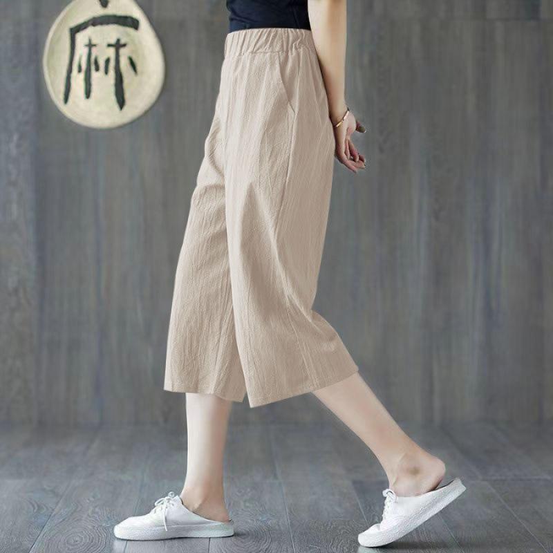 Women's High Waist Linen Wide Leg Cropped Pants Loose Fit Minimalist Capri Pants Pocket Casual Seven Trousers