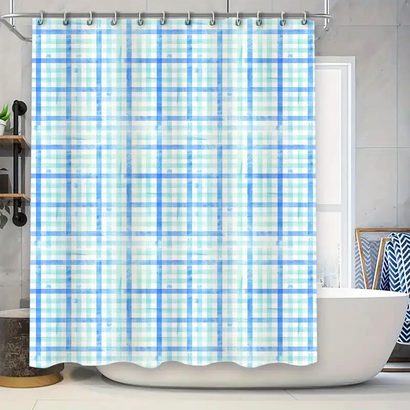 

Blue Green Plaid Shower Curtain Waterproof Bath Liner Home Decor for Bathtub 90x180cm