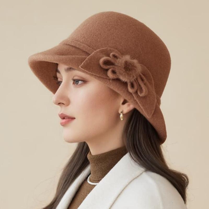 

Шляпа Леди Осень и Зима Новая Шерстяная Цилиндр Мода Цветок Теплая Шляпа-Ведро Панама one size