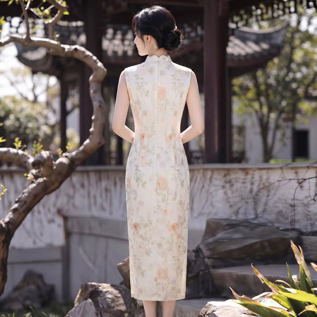 Retro small fresh and elegant cheongsam 1011 new improved women's summer slim national style sleeveless medium and long dress