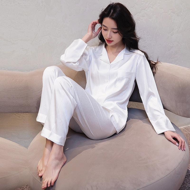 Women’s Ice Silk Pajama Set Long Sleeve Top and Pants Spring Summer Autumn Herringbone Pattern Elegant Loungewear