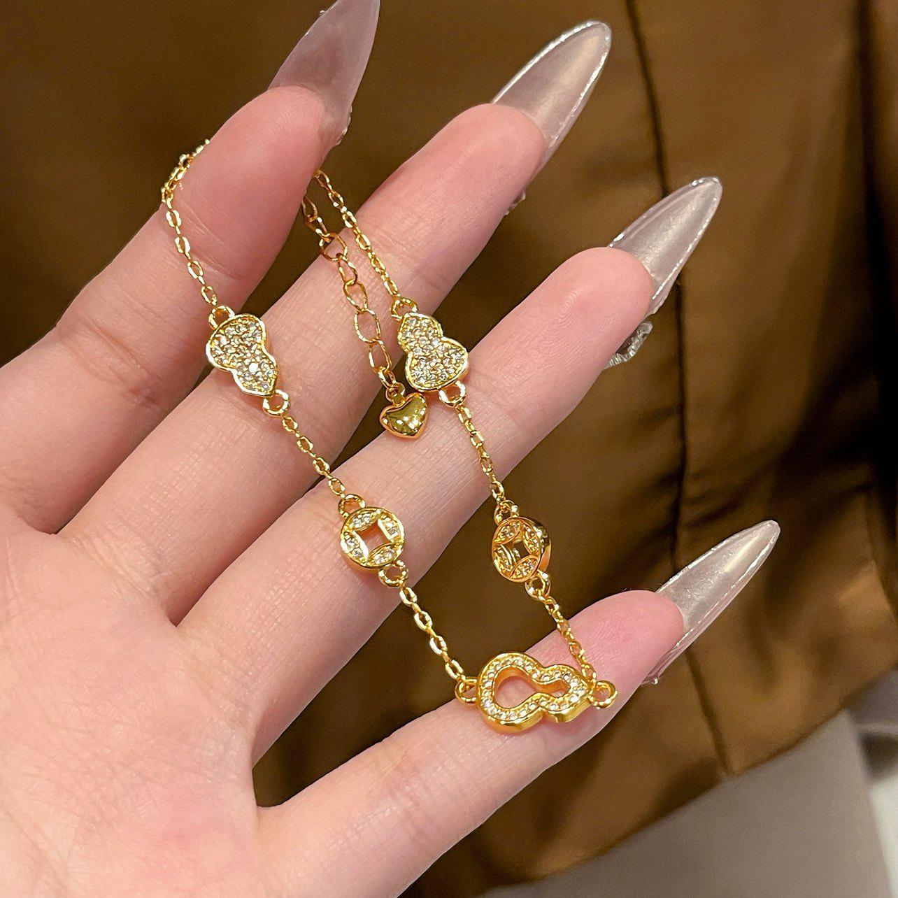 24k Gold-Plated Zircon Gourd Coin Bracelet - Elegant Retro Style for Women