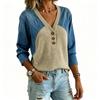 Top Blusa Casual Moda Donna Patchwork Maglia di Jeans Scollo a V Bottoni