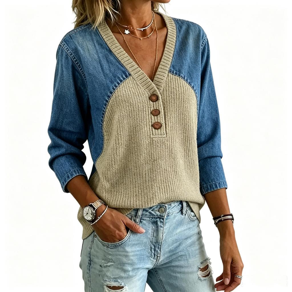 Top Blusa Casual Moda Donna Patchwork Maglia di Jeans Scollo a V Bottoni