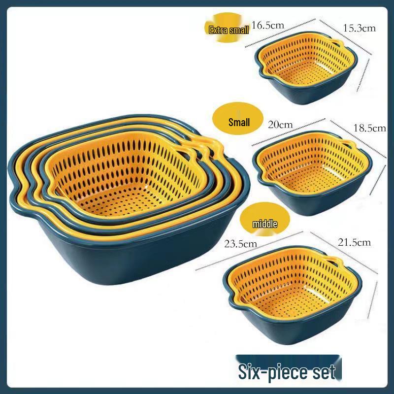 Six-Piece Colorful Double-Layer Kitchen Basket Set for Washing Vegetables & Fruits
