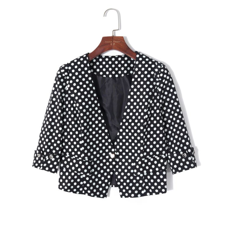 

2024 Женская весенняя одежда Мода K-стиль Контрастный цвет Горошек Элегантный V-образный вырез Одна пуговица Свободный Подплечники Рукав 3/4 Верхняя одежда Black Wave dot 36#