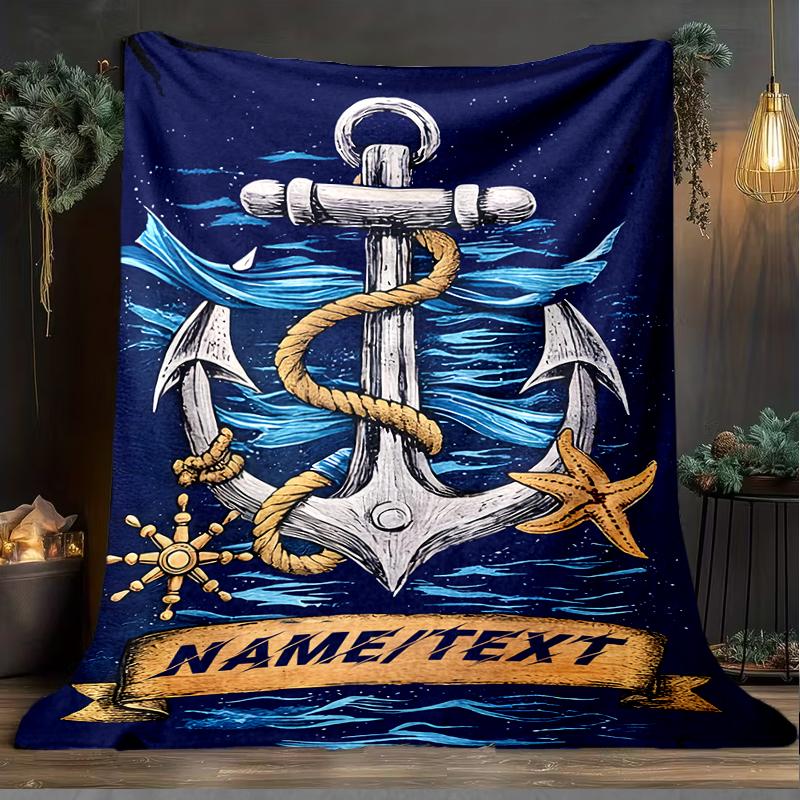 1PC Custom Name Nautical Anchor Adventure Outdooor Flannel Blankets Throw Blanket All-Season Throw Gift Bedspread for Couch, Bed, Camping Holiday Birt