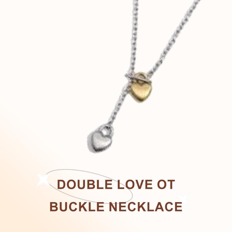 Fashionable Double Heart Pendant Necklace OT Buckle Sweater Chain Adjustable Length Neckchain Accessory for Daily Wear