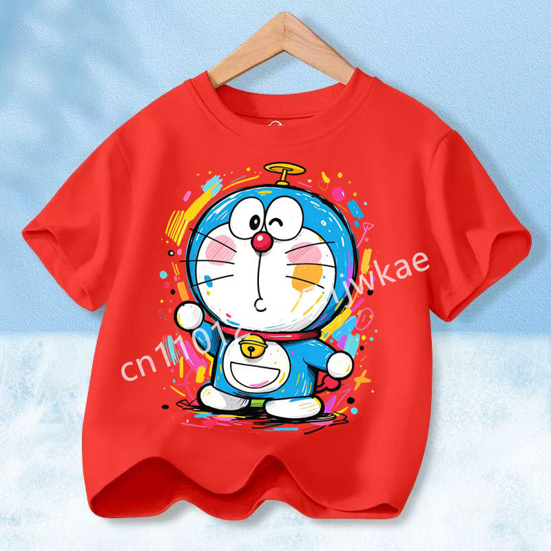 Doraemon Colorful T-shirt Printed Short-sleeved Outdoor Simple Comfortable Pullover Tops Summer Clothes Casuals Round Neck Shirt