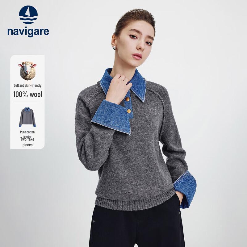 Navigare Women's Loose Wool Knit Sweater with Denim Splice