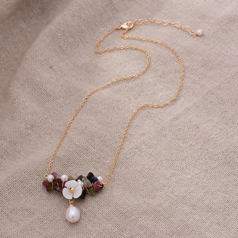 Оригинальное ручное изготовление 14K позолота Натуральный пресноводный жемчуг Турмалин Цветок Женское подвесное ожерелье Для женщин Подарок 45cm