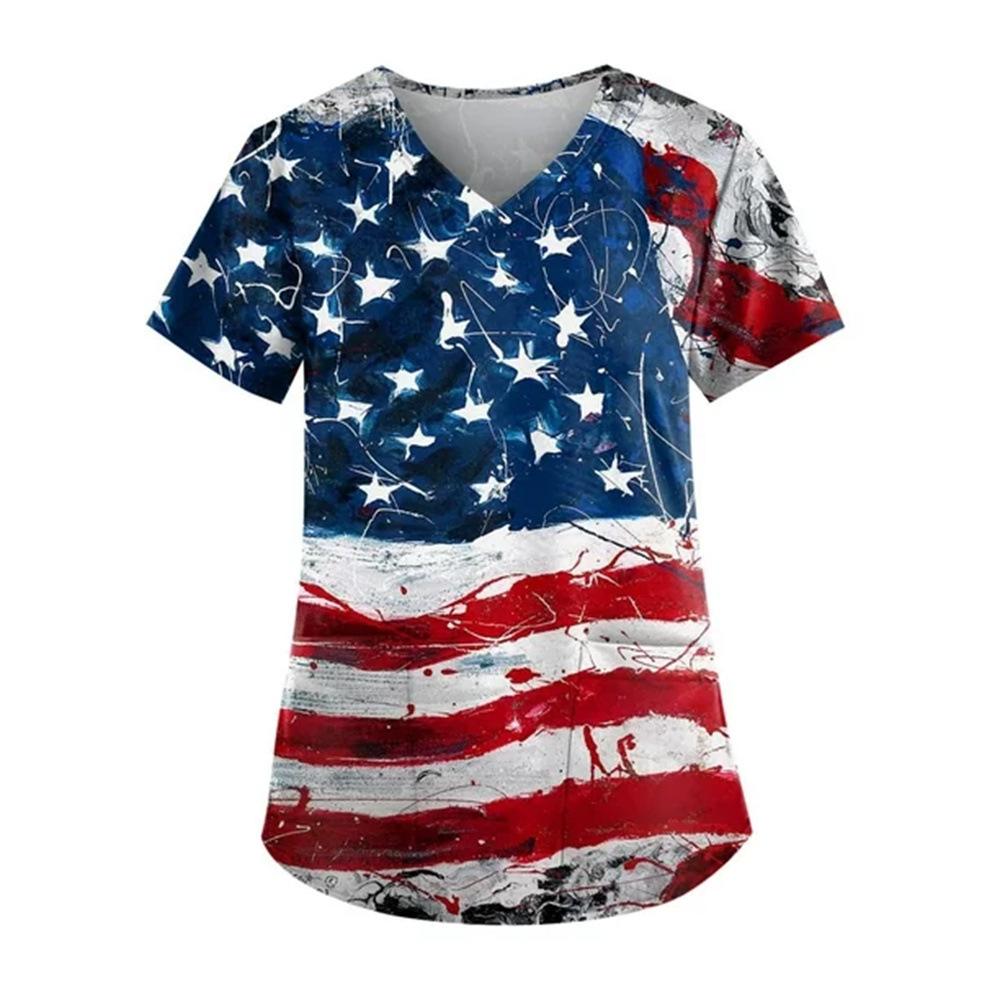 Women's T-shirt V-neck Nurse Uniform Star Print Casual Comfortable Short Sleeved Women's T-shirts