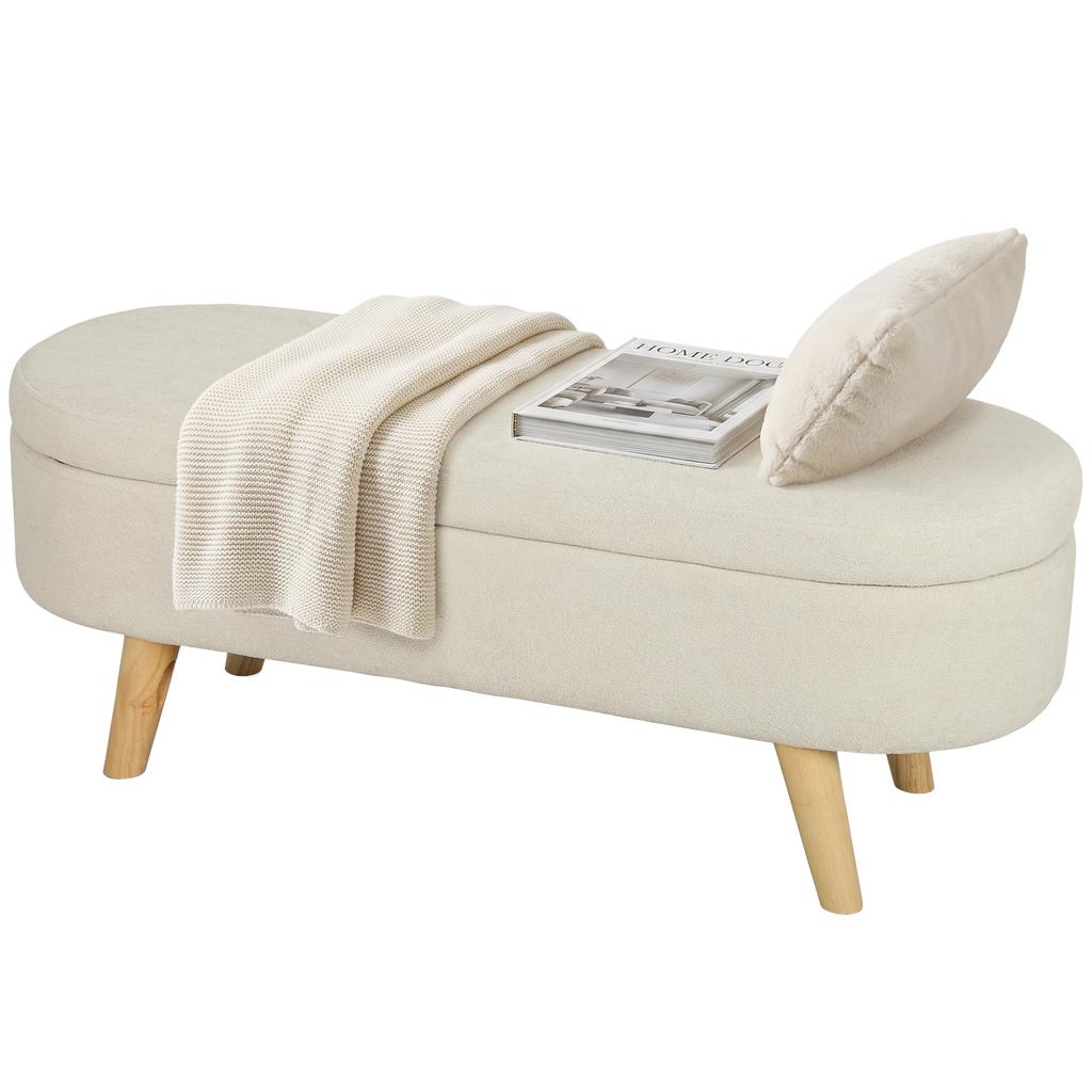 2-in-1 Fabric Storage Bench with Wooden Legs, 110x40x43 cm, Cream