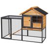Rabbit Cage with House, Ramp and Open Area, Light Yellow Wooden and Metal Rabbit Hutch, 122x63x92cm