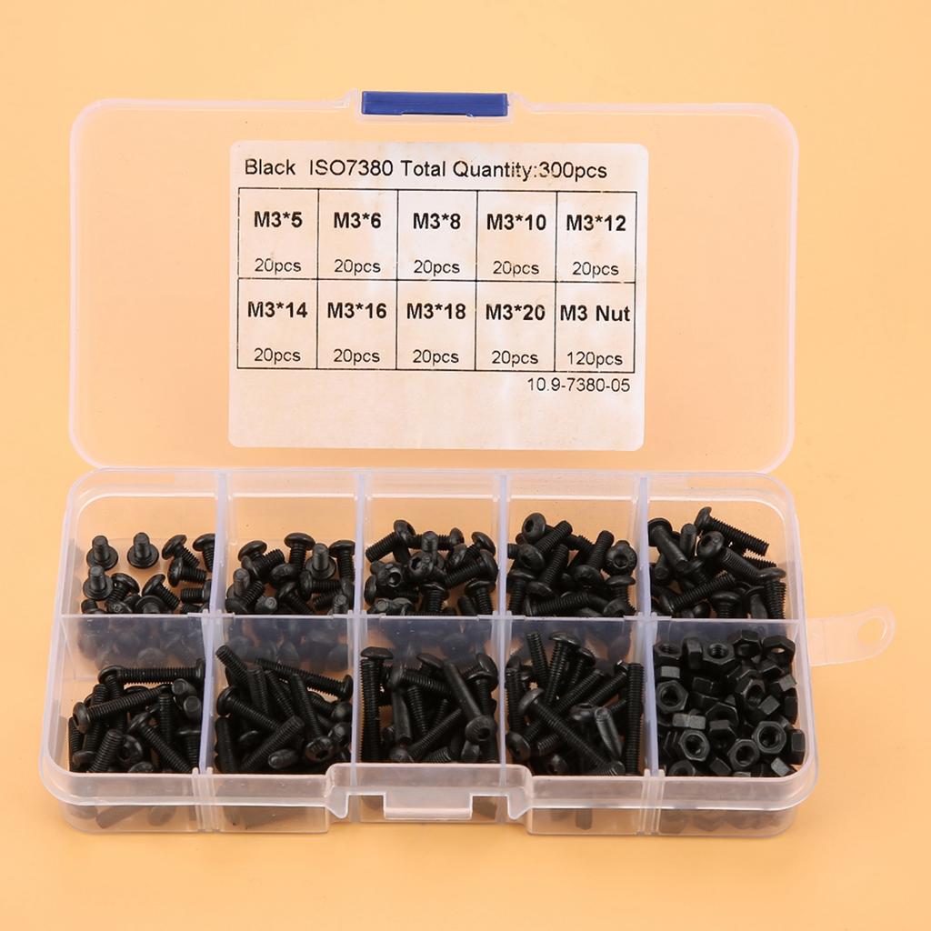 300pcs M3 Black 10.9 Grade Button Head Hex Socket Screw Bolt Nut Assortment Kit