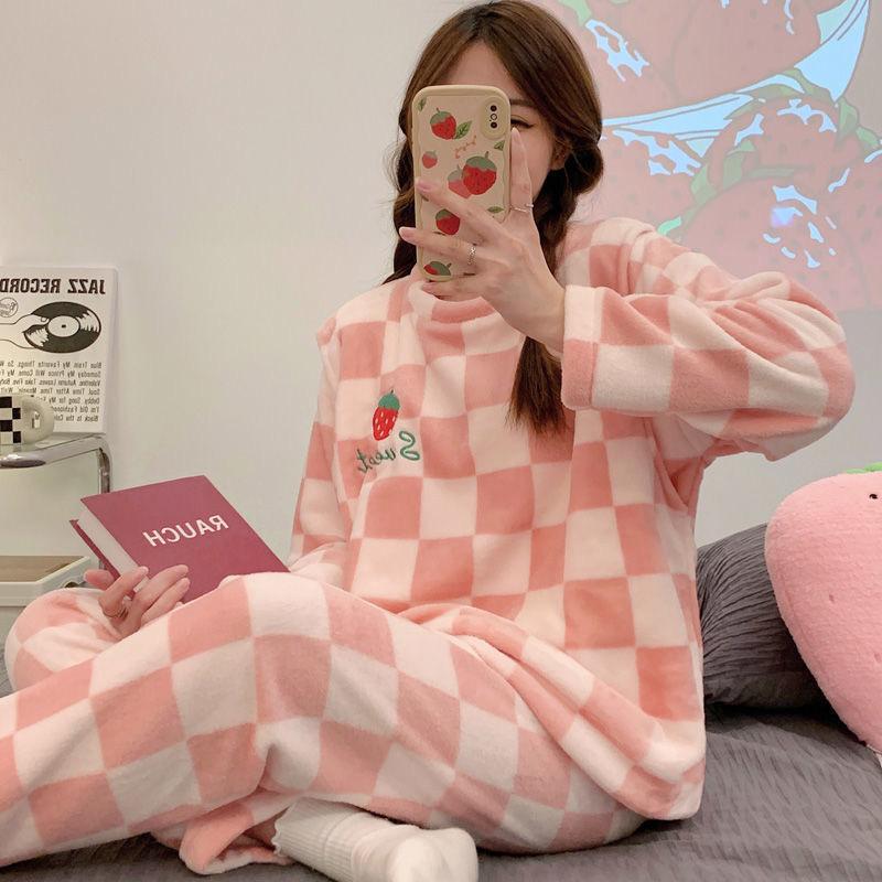 Cozy Cartoon Cat & Cherry Print Fleece Pajama Set for Women - Sets - Soft, Thickened, Long Sleeve, Round Neck