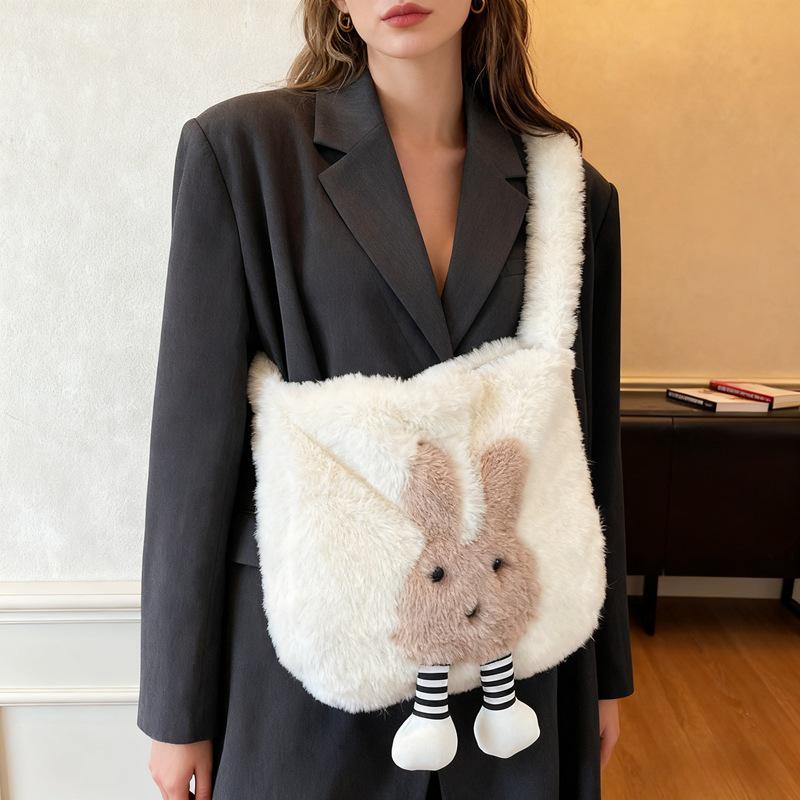 

2025 Зимняя милая плюшевая мультяшная сумка-тоут через плечо для женщин - Большая вместимость, модная повседневная сумка на плечо грязно-белый