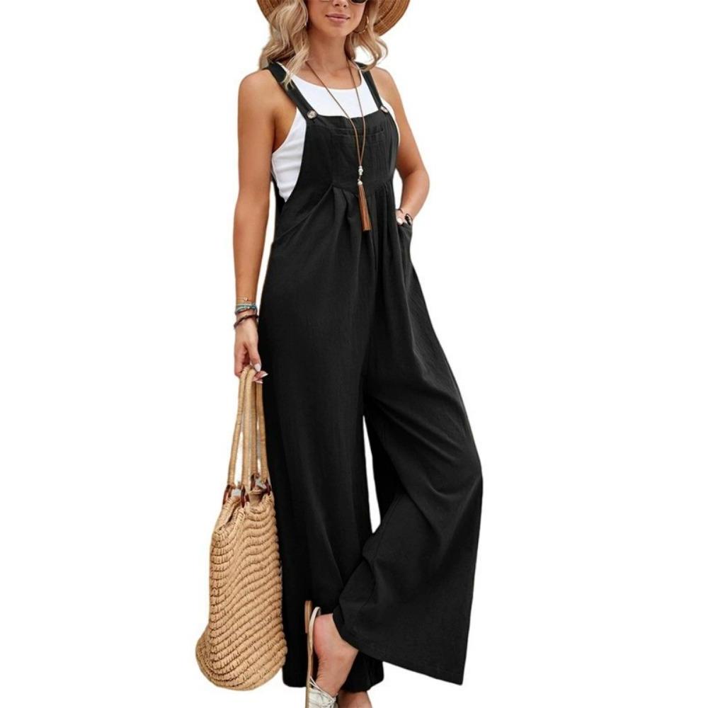 Overalls mit weitem Bein für Damen, lässig, aus Baumwolle und Leinen, lockerer Umstands-Jumpsuit für den Sommer und den Strand