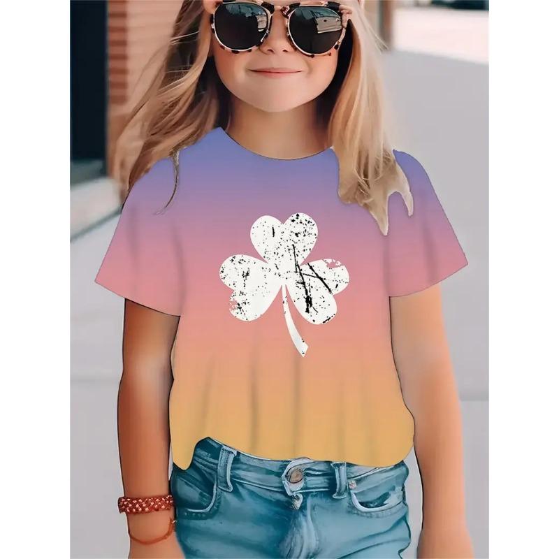 Fashionable Simple Fresh Four Leaf Clover Pattern Girls' Round Neck Pullover Short Sleeved Shirt