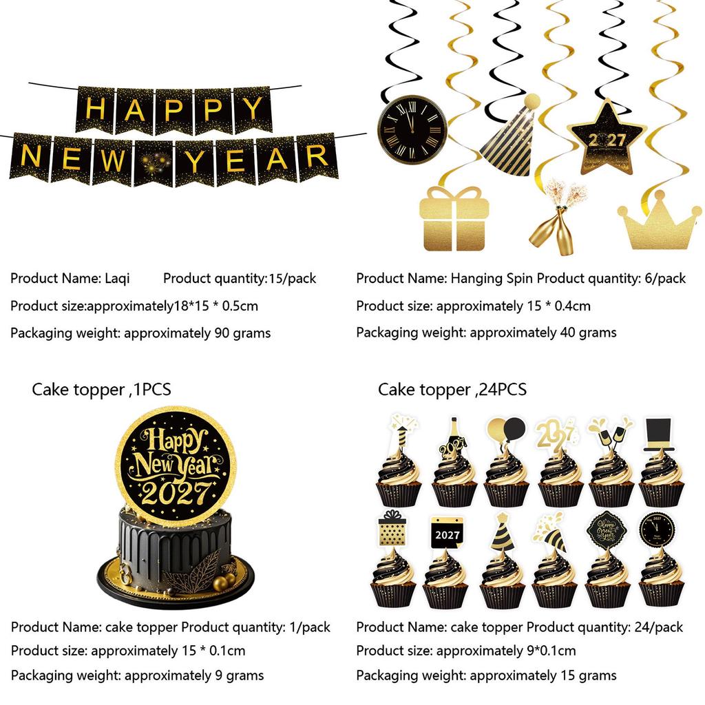 New Year 2027 Black & Gold Themed Party Tableware Set: Plates, Cups, Napkins, Tablecloth & Banners