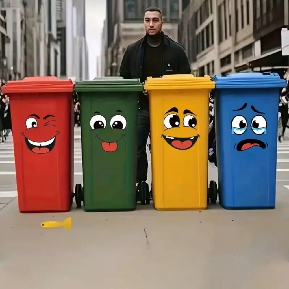 4pc Funny Face Garbage Bin Decals Waterproof Sticker Set New Trash Can Stickers  For Kitchen Office