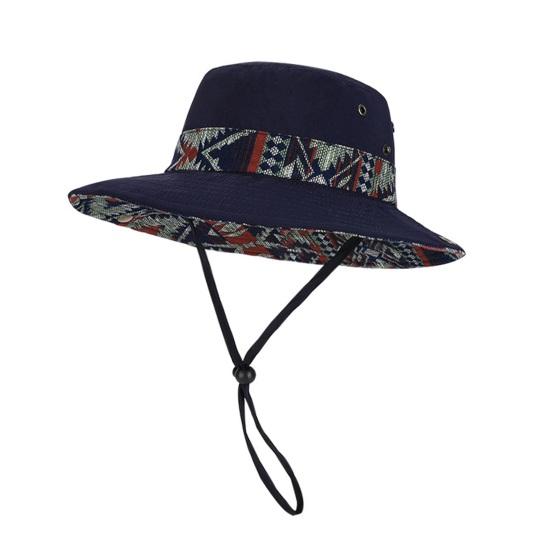 

Bucket Hat Extra Large Brim Adjustable Fit Ethnic Style Cowboy Fisherman Hat Windproof Buckle Foldable Outdoor UV