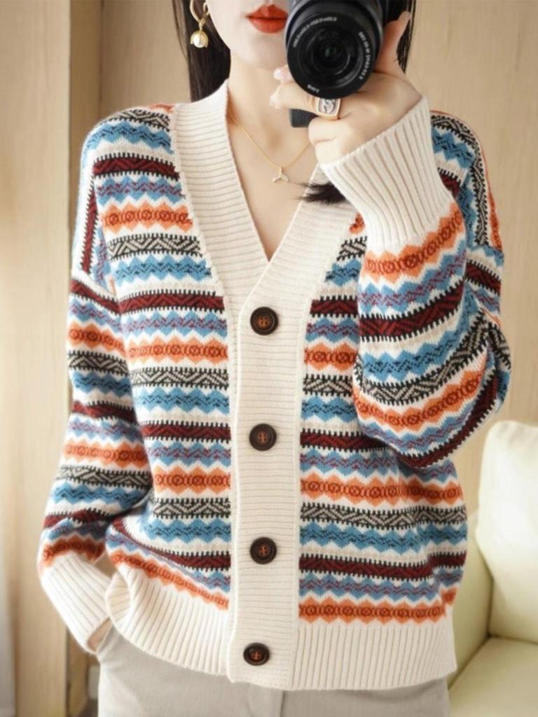 Women's Retro Striped V-Neck Cardigan - Thick Knitted Jacquard Sweater for Spring