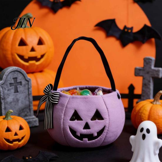 Embroidered Candy Holder Halloween Pumpkin Bag for Kids, Trick or Treat Tote Large with Handle, Reusable Snack Bucket Party Favors Festive Decoration