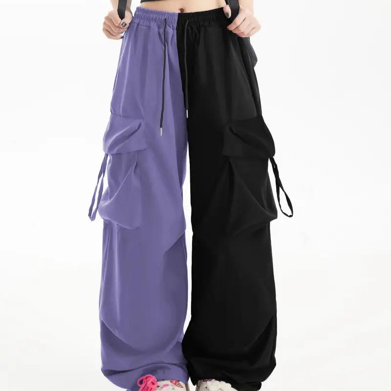 

Ретро рабочие брюки для женщин летние с высокой посадкой прямые широкие брюки свободные и повседневные брюки длиной до пола с чувством дизайна XL чёрный/фиолетовый