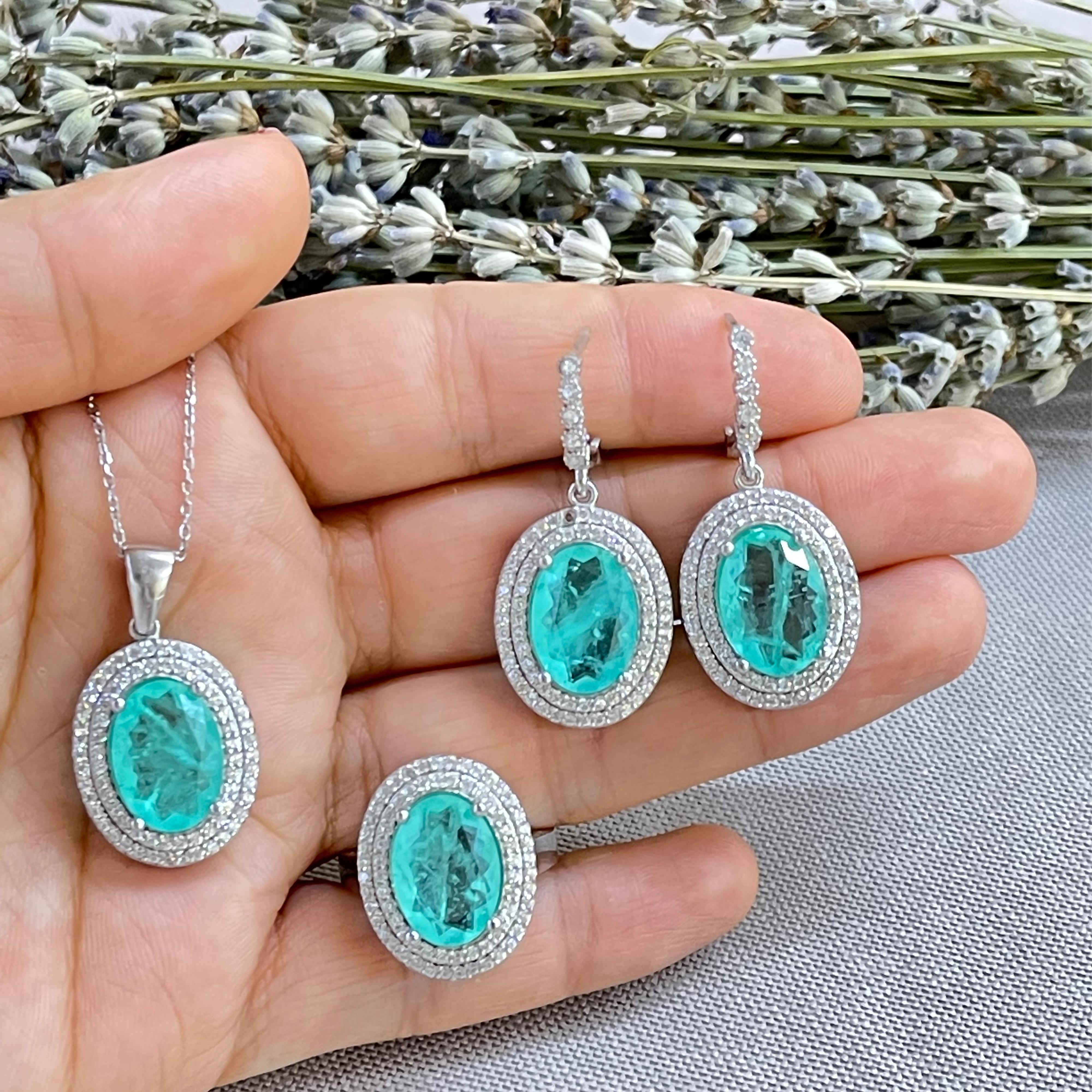 

OVal Aqua Paraiba Tourmaline 925Sterling Silver Jewellery Set, Кольцо, Цепь, Кулон, Ожерелье, 5