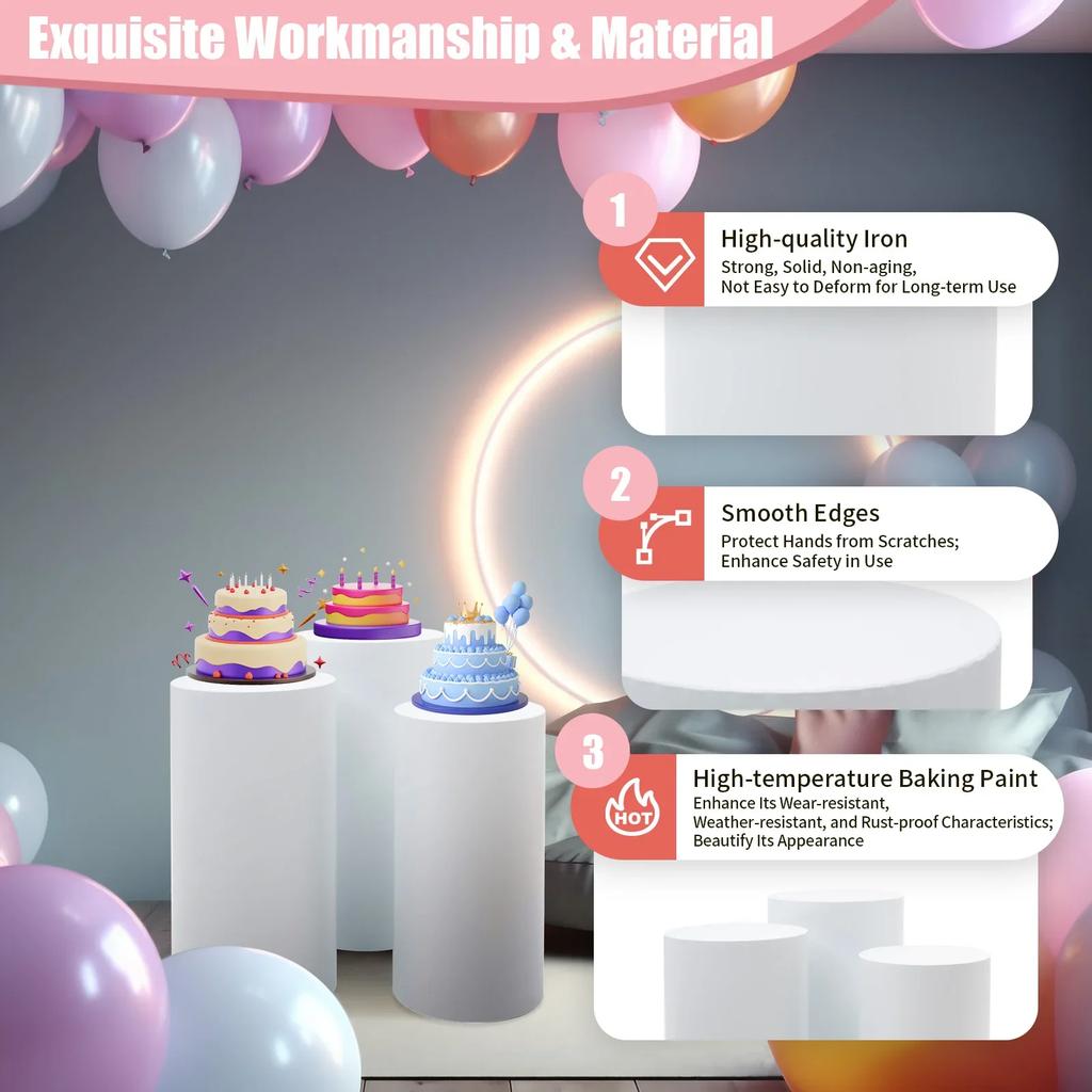 3-delige Cilindrische Displaystandaard (50 cm, 55 cm, 60 cm), Overlappende Witte DIY Decoratieve Tafel, Dessertschaal voor Bruiloften & Feesten