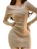 Vestido Mini Sexy de Tricô com Manga Longa Casual Canelado de Inverno [SDSXZWG] Vestido Feminino, Decote, Mangas, Ombro a Ombro, Suéter, Tricô, Elegante, Primavera,