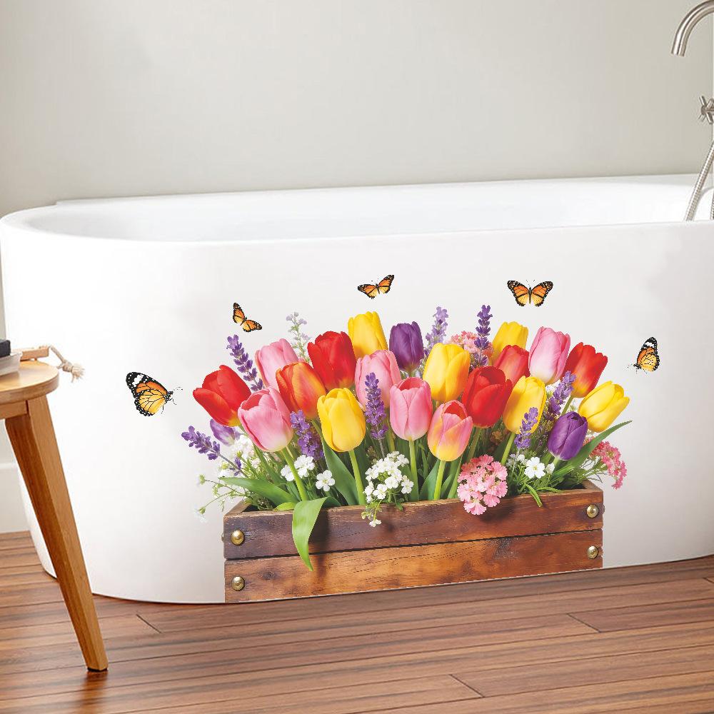 Painted 3D Wooden Crate Tulip Butterfly Wall Sticker Self Adhesive Removable Living Room Bedroom Entryway Decor