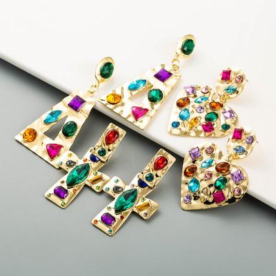 Women's Stud Earrings Exaggerate Geometric Love Alloy Set Color Rhinestone Vintage Gold Earrings