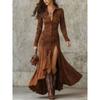 Damen Maxikleid mit Umlegekragen und langen Ärmeln, schmale Passform, mittlere Taille, asymmetrisches Kleid im Vintage-Stil