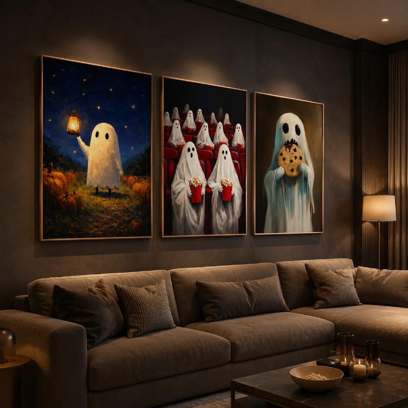 Ghost Canvas Gallery Wall Prints Starry Night Pumpkin Witch Dog Wall Art Dark Moody Halloween Farmhouse Holiday Home Decor Gift