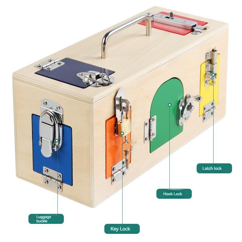 Montessori Lock Box Toy Wooden Activity Busy Board Game Practical Life Skill Toy Open The Lock Preschool Learning Education Toys
