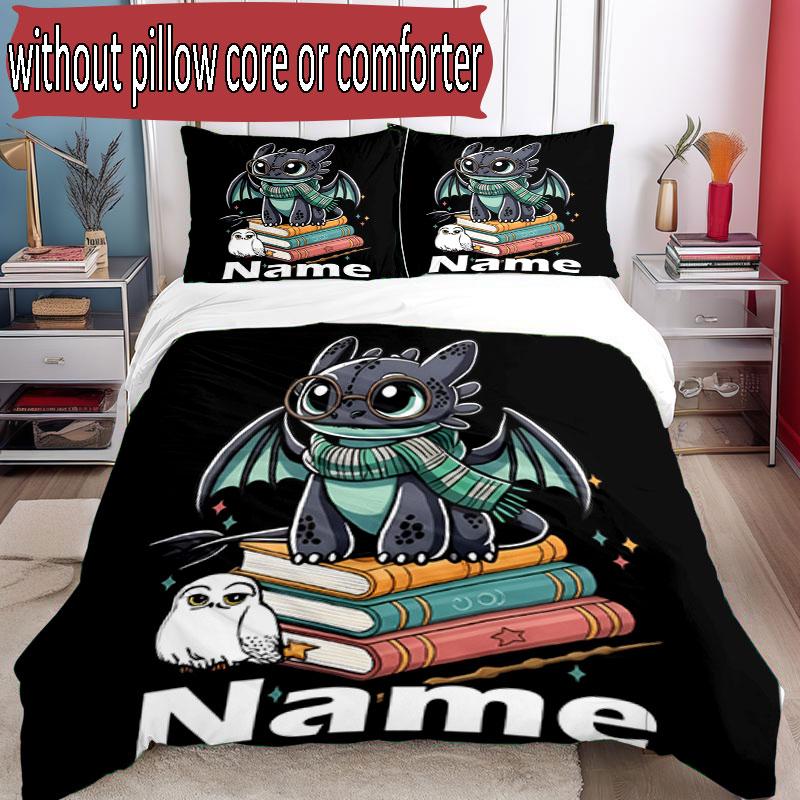 3pcs Duvet Cover Set (1*Duvet Cover + 2*Pillowcase, Without Core), Custom Name How to Train Your Dragon Pattern Bedding Set, Home Bedroom Decor Gift