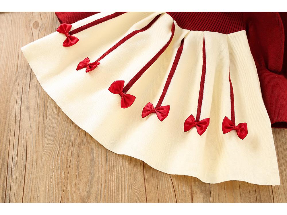 Rochie de iarnă tricotată cu fundă pentru fete, din lână, cu mâneci bufante - Stil coreean