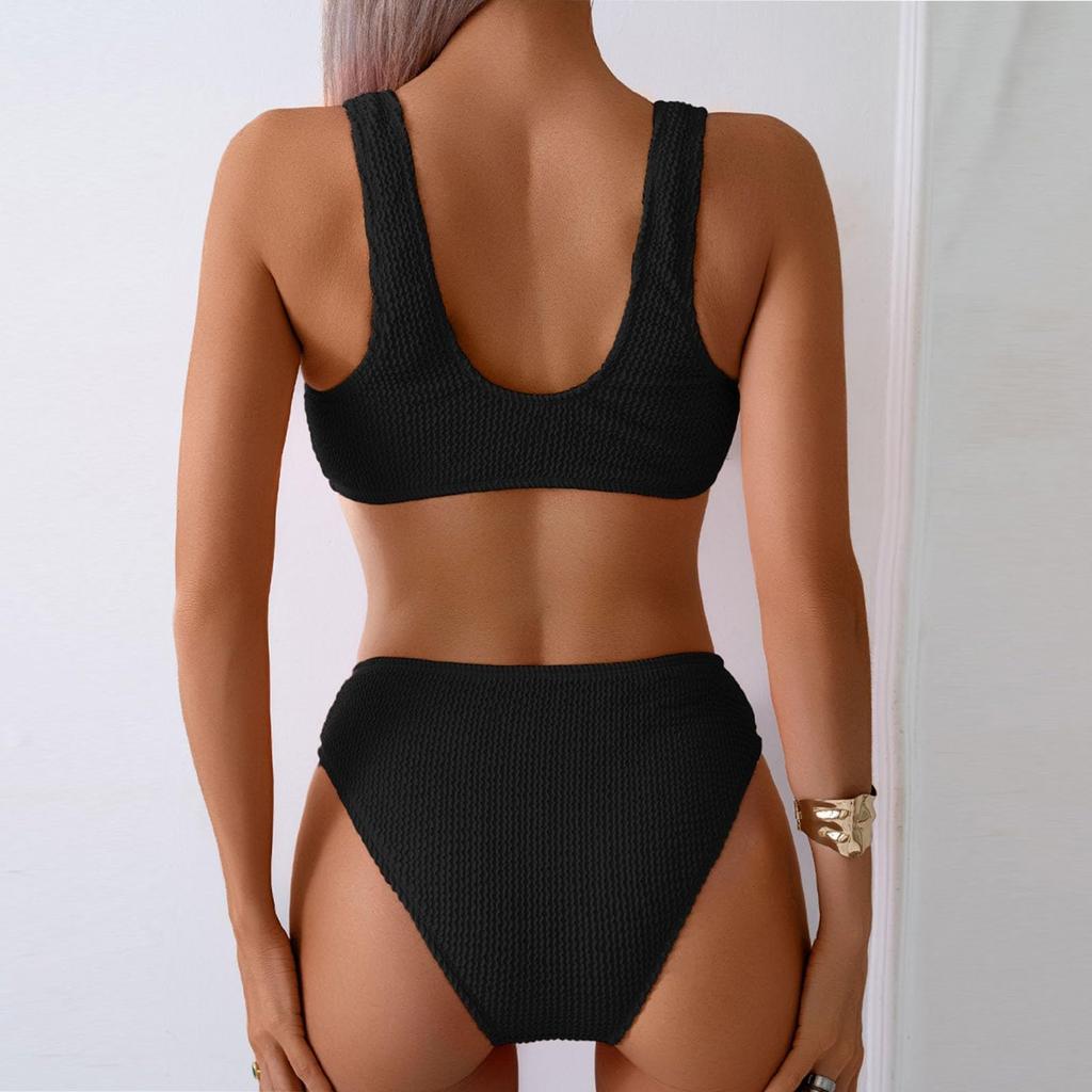 Women's Ribbed Knit Bikini Set Two Piece Swimsuit with V-Neck Top and High Waist Bottoms Swimwear for Beach