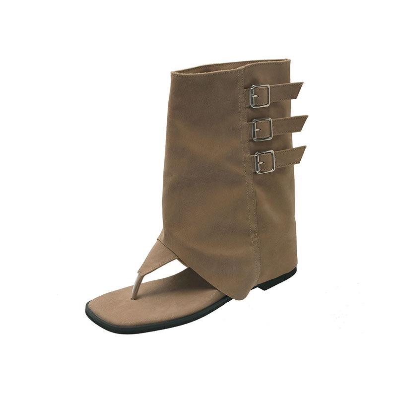 Retro toe sandals women's new spring and summer belt buckle short trousers boots flat herringbone cool boots women