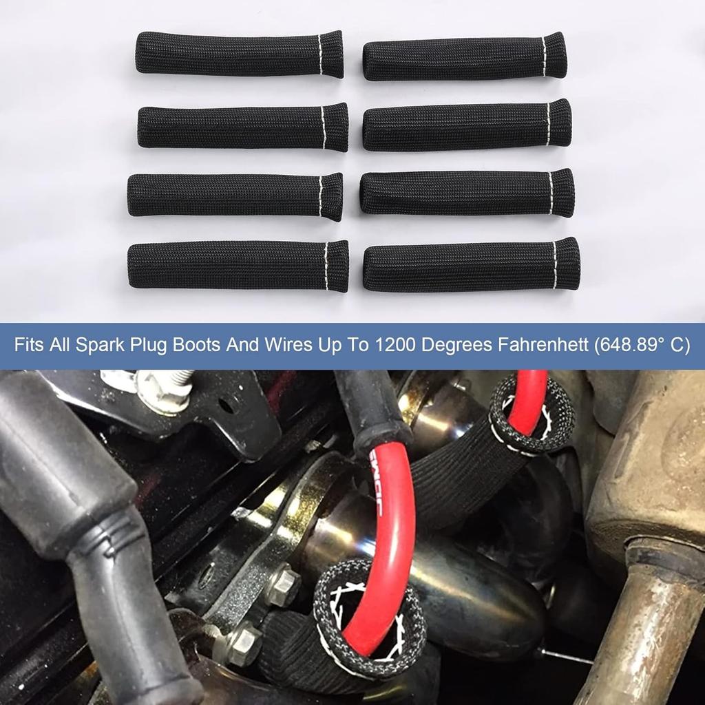 8PCS Black 1200° Spark Plug Wire Boots Heat Shield Protector Sleeve Cover Black