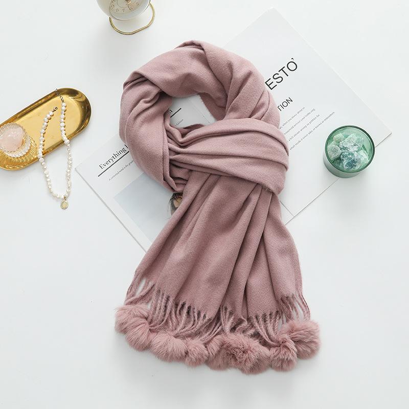 Girls Cute Imitation Cashmere Scarf Women's Winter Warm Solid Color Big Rabbit Fur Ball New Scarf Shawl