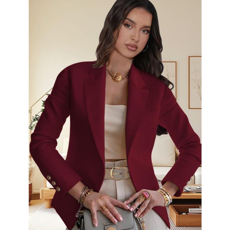Women S Solid Long Sleeve Blazer Lapel Collar Elegant Office Style