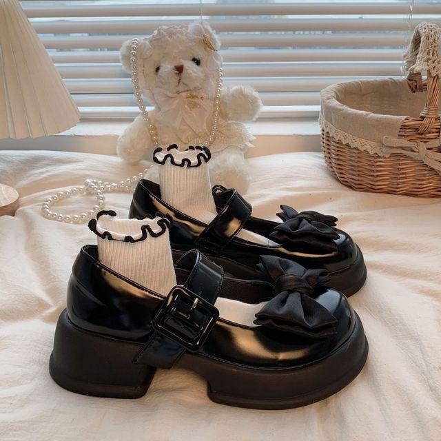 Retro Schleife Kleine PU Lederschuhe Damen Sommer Einfache Dicke Sohle Dicker Absatz Mädchen Mary Janes Schuhe Damen Plateauabsätze