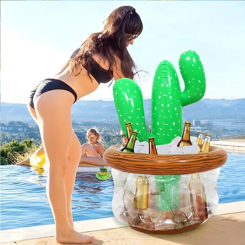 Tropical Inflatable Coconut Tree Cooler Poolside Drink Holder & Ice Bucket Combo Portable Beverage Station for Beach Pool Party