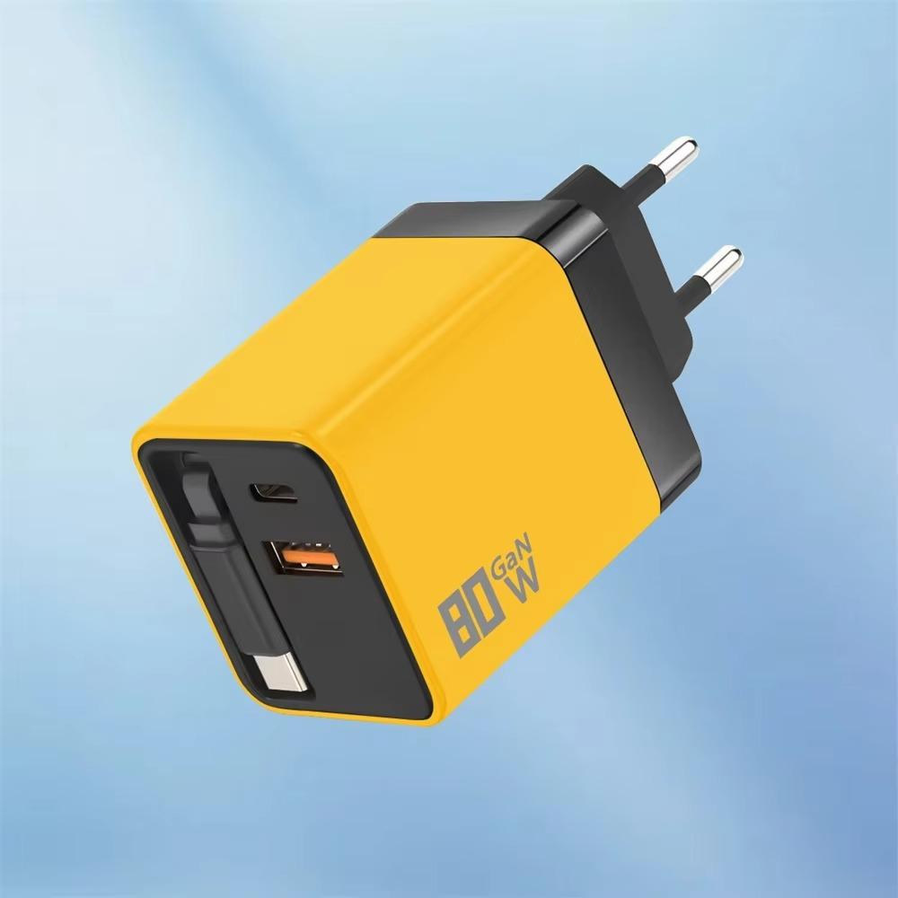 Retractable Cable Fast Charger 80W Power USB C Charger 3 in 1 PD Fast Charging Travel Use