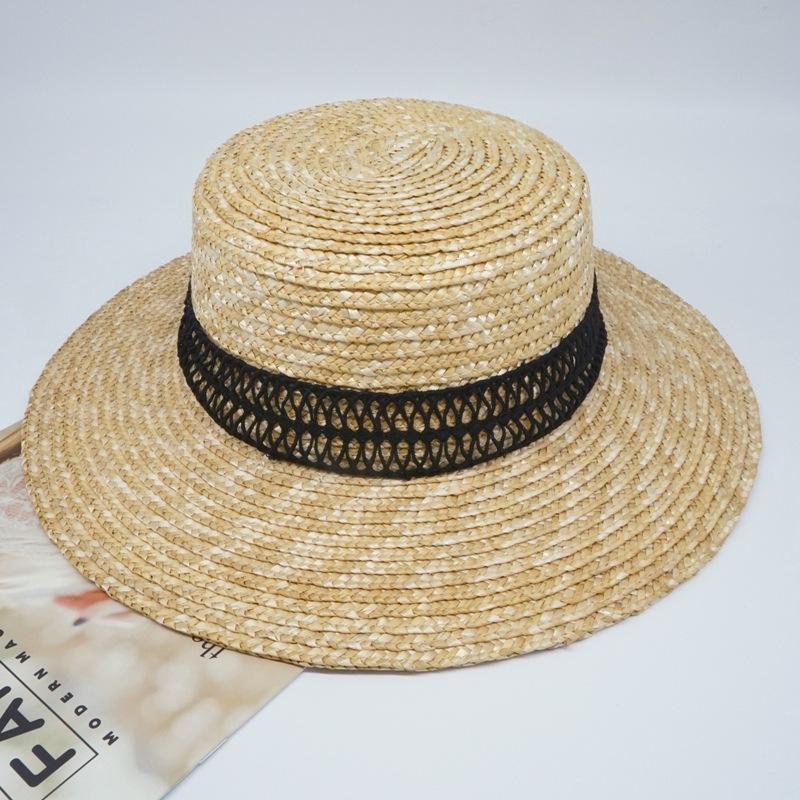 Export Foreign Trade Single Summer Female Japanese Black Flat Top Top Top Hat French Pearl Sunshade Holiday Beach Sun Straw Hat