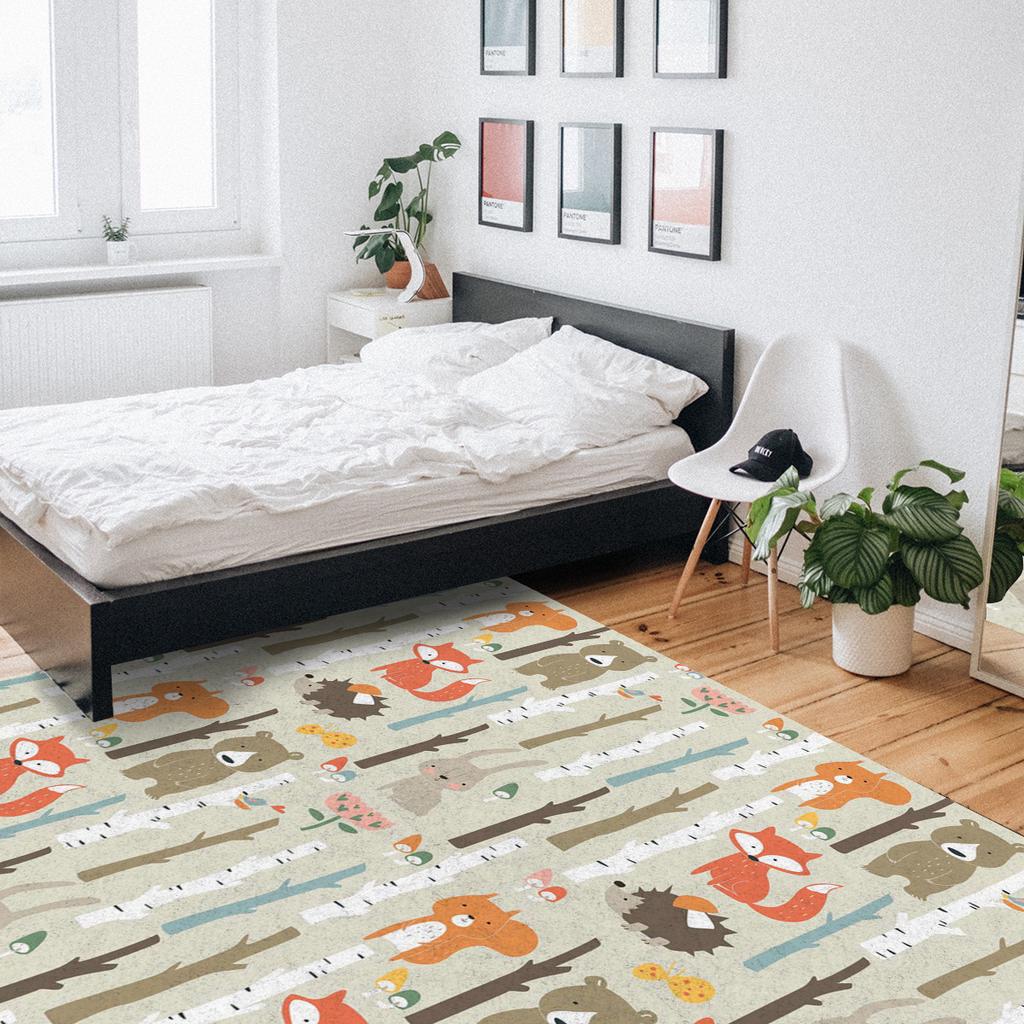 Cartoon Waldtiere Teppich Baum Fuchs Bär Kaninchen Kinder Teppiche für Schlafzimmer Modernes Zuhause Großer Teppich für Wohnzimmer Fußmatte